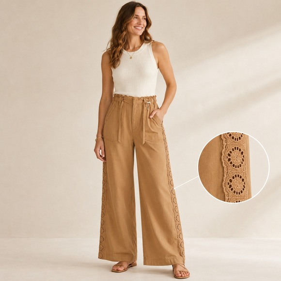 Democracy Pants - Democracy NWT Stretch Camel Wide Leg Pants Paperbag Waist Crochet Trim Size 10